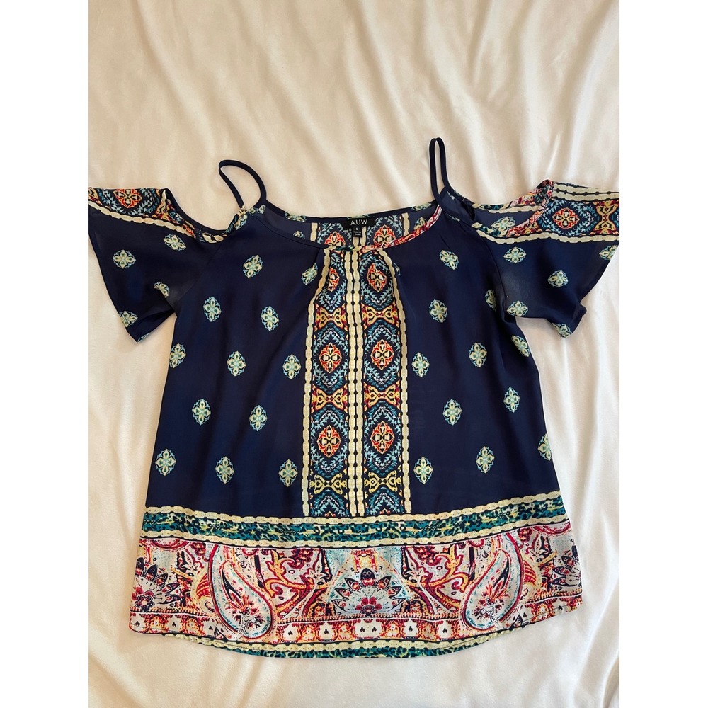 AUW Women Navy Blue Bohemian Paisley Cold Shoulder Blouse Small Short Sleeve Top